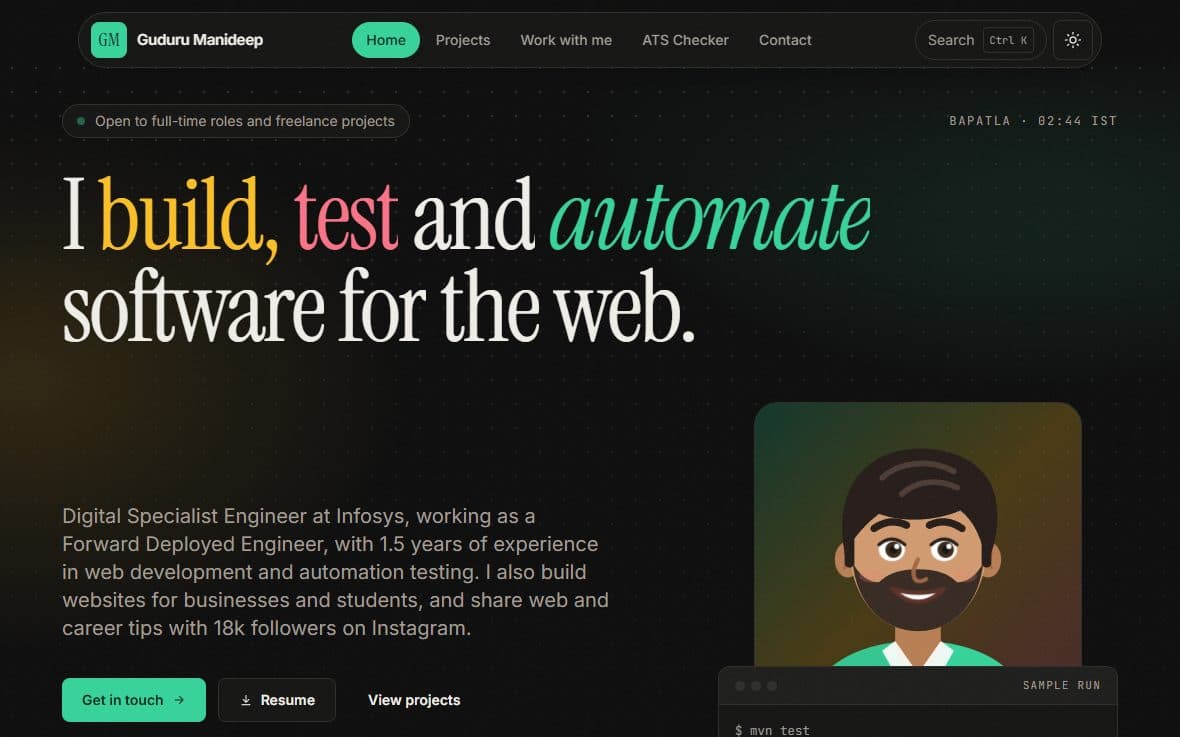 The home page of this portfolio